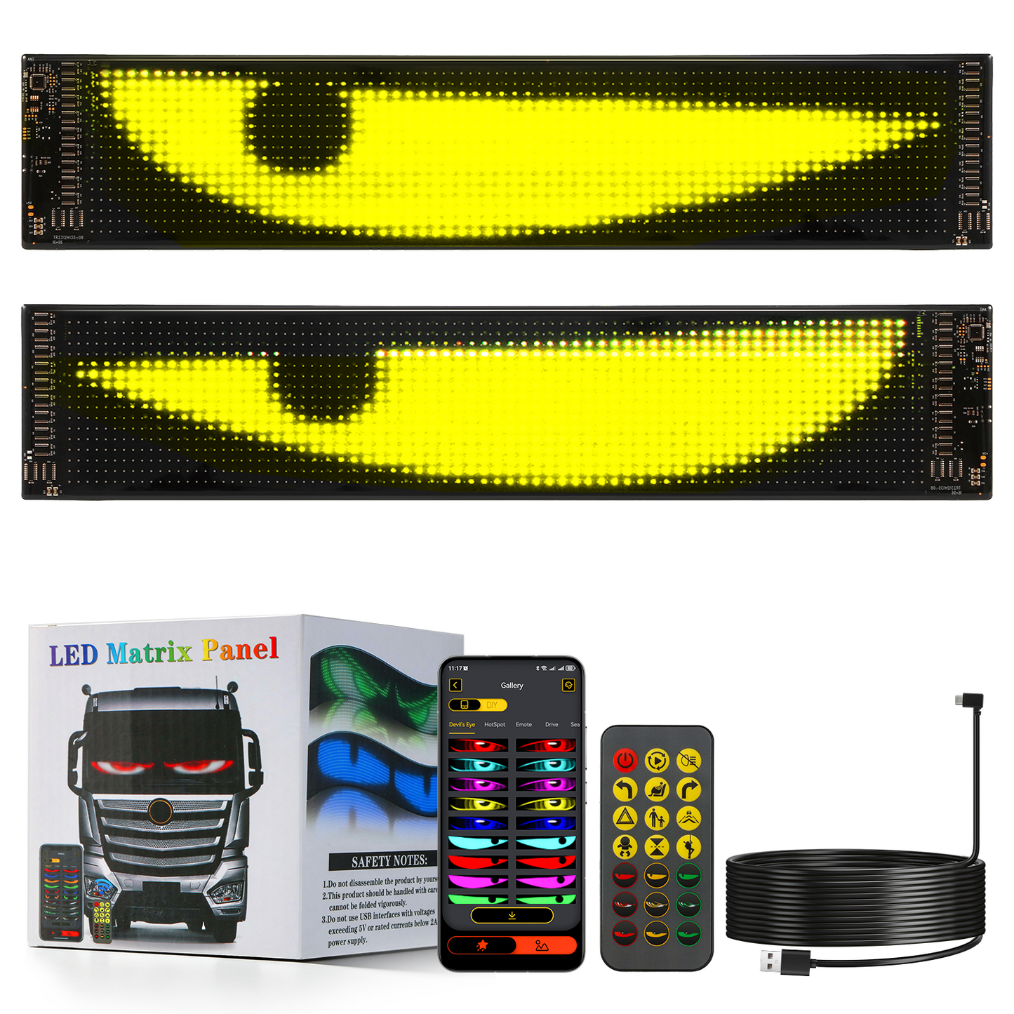 🆕Two-Pack Devil's Eye Atmosphere Light Flexible Programmable USB APP Control Car LED Screen 23.42x4.72in for Windshield Decoration