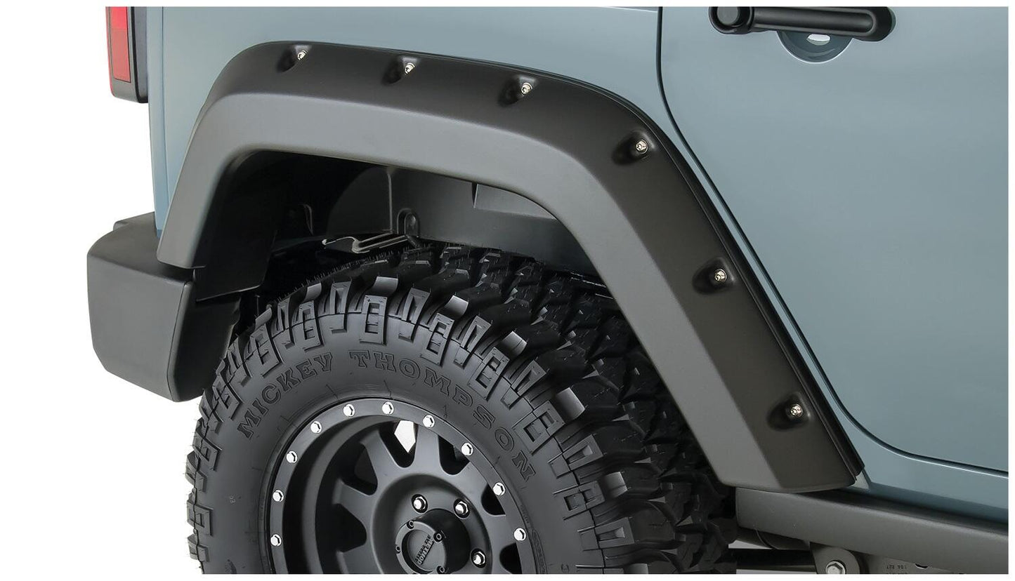 Black Pocket/Rivet Style Smooth Finish Rear Fender Flares For 2007-2018 Jeep Wrangler JK Unlimited 4-Door Bushwacker