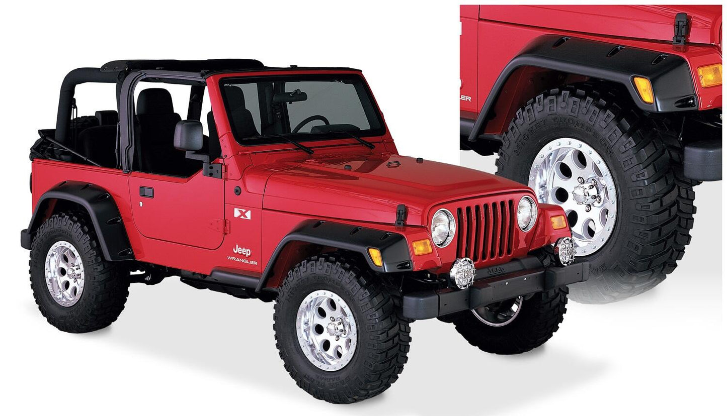 Black Pocket/Rivet Style Textured Finish 4-Piece Fender Flare Set Maximum Flare Coverage For 1997-2006 Jeep Wrangler TJ Bushwacker