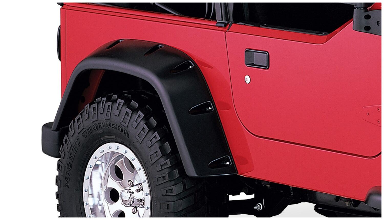 Black Pocket/Rivet Style Textured Finish 4-Piece Fender Flare Set Maximum Flare Coverage For 1997-2006 Jeep Wrangler TJ Bushwacker