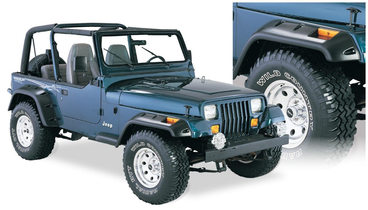 Black Jeep Cutout Style Textured Finish 4-Piece Fender Flare Set For 1987-1995 Jeep Wrangler YJ (Excludes Renegade) Bushwacker