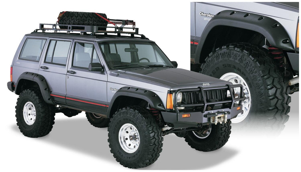 Black Jeep Cutout Style Textured Finish 4-Piece Fender Flare Set For 1984-2001 Jeep Cherokee 4-Door Bushwacker