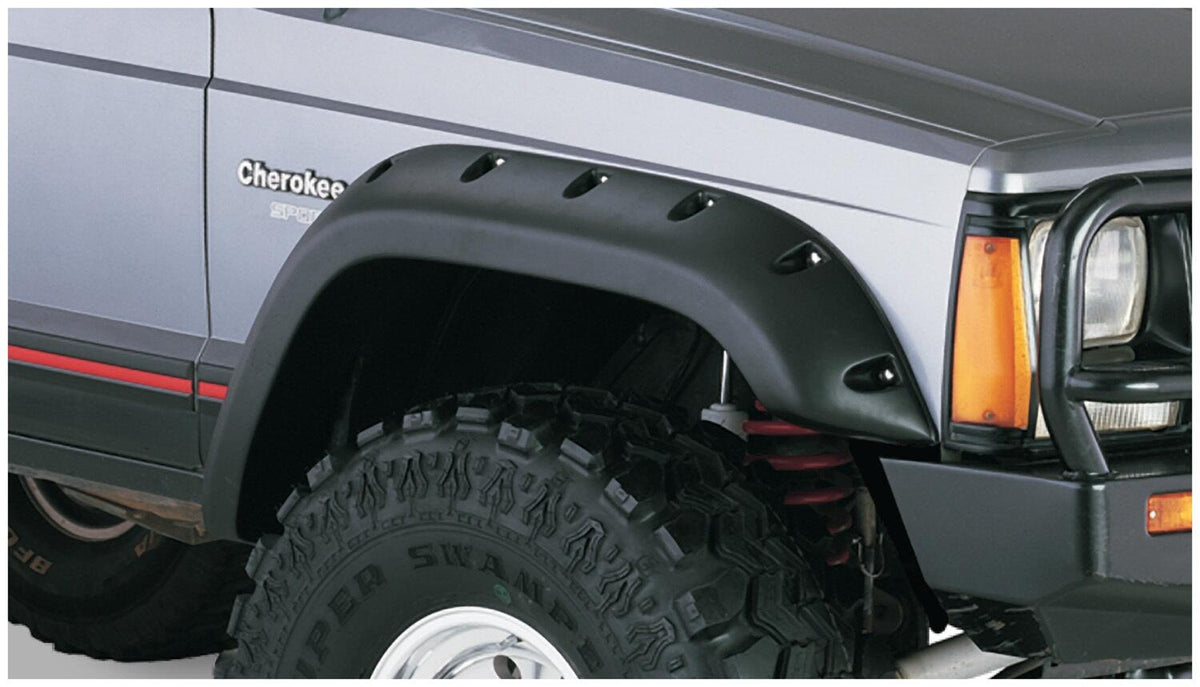 Black Jeep Cutout Style Textured Finish 4-Piece Fender Flare Set For 1984-2001 Jeep Cherokee 4-Door Bushwacker