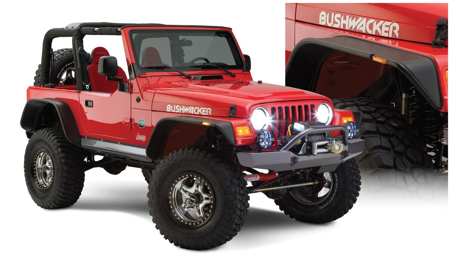 Black Jeep Flat Style Textured Finish 4-Piece Fender Flare Set For 1997-2006 Jeep Wrangler TJ Bushwacker