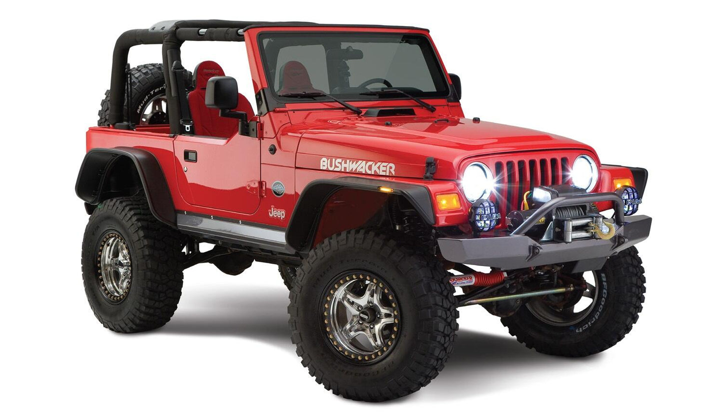 Black Jeep Flat Style Textured Finish 4-Piece Fender Flare Set For 1997-2006 Jeep Wrangler TJ Bushwacker