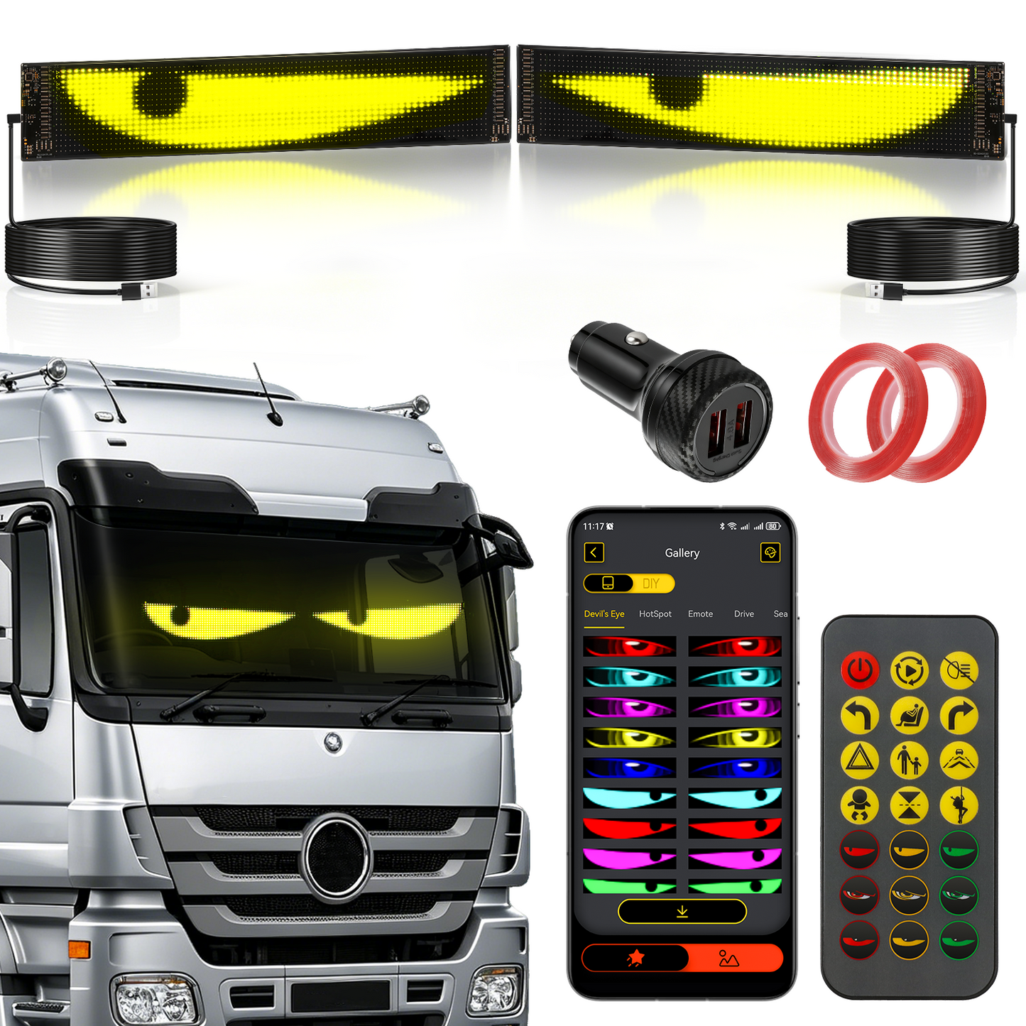 🆕Two-Pack Devil's Eye Atmosphere Light Flexible Programmable USB APP Control Car LED Screen 23.42x4.72in for Windshield Decoration