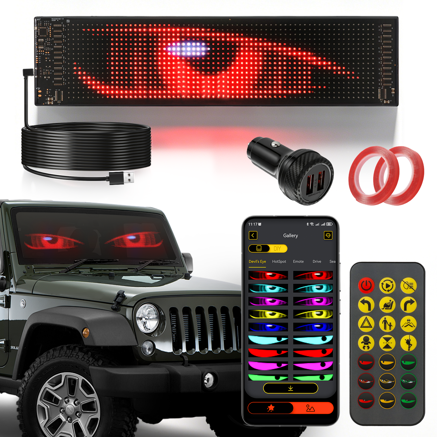 🆕 Single Pack LED Flexible Programmable Car Screen Light USB APP Control Devil's Eye Atmosphere 14.72x3.62in for Windshield Decoration