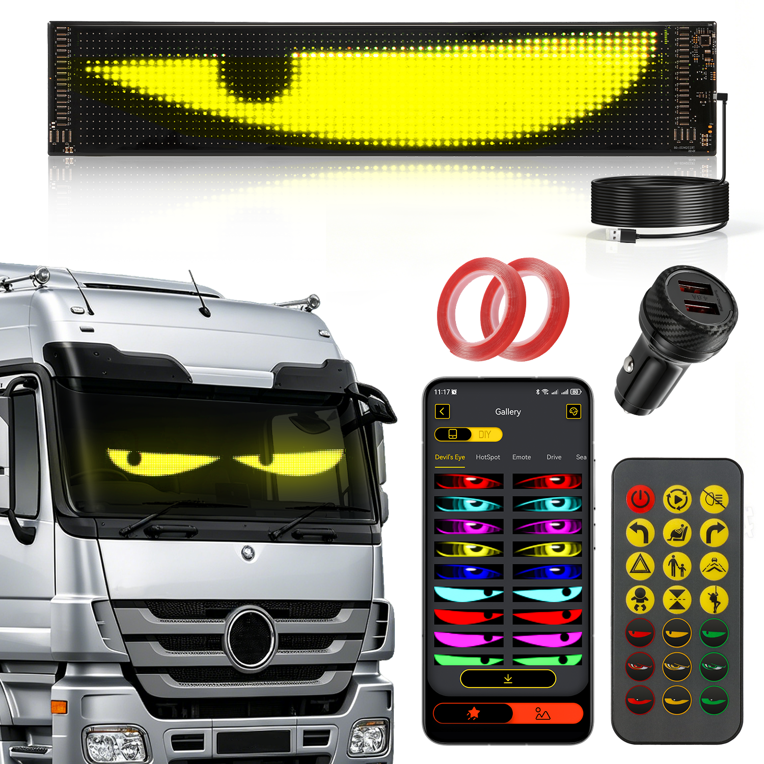 🆕Single Pack Devil's Eye Atmosphere Light Flexible Programmable USB APP Control Car LED Screen 23.42x4.72in for Windshield Decoration