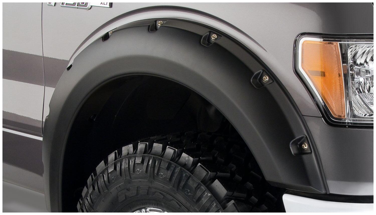 Black Pocket/Rivet Style Smooth Finish Front Fender Flares For 2011-2016 Ford F250/F350 Super Duty Bushwacker