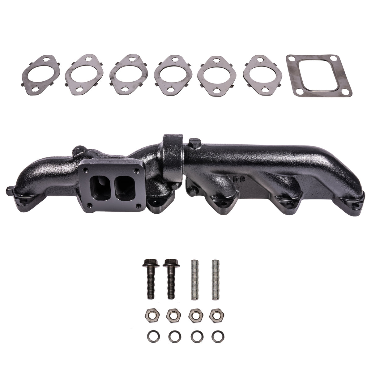 2003-07.5 5.9L Cummins 2-Piece Pulse Flow Exhaust Manifold Kit T-4 Turbo Flange Non Wastegated Ceramic Coated Black ATS Diesel