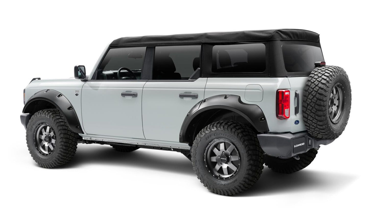 Black Pocket/Rivet Style Textured Finish 4-Piece Fender Flare Set For 2021-2023 Ford Bronco, 4-Dr Bushwacker