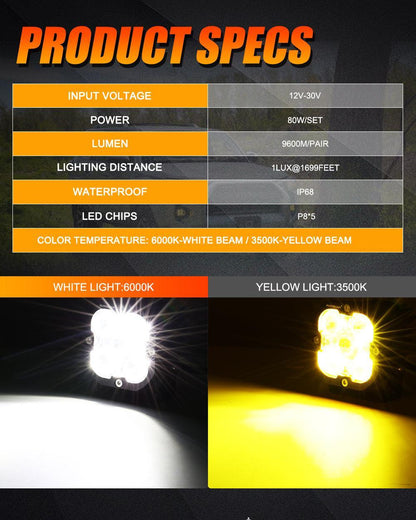 3 Inch 80W 9600LM LED Fog Lights Kit White/Yellow Beam for 2012-2022 Toyota Tacoma/ 2010-2022 Toyota 4Runner / 2014-2022 Toyota Tundra