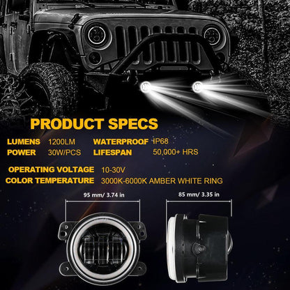 (2pcs/set) 4 Inch LED Fog Lights with DRL & Amber Turn Signal For Jeep Wrangler JK 2007-2017 Front Bumper Lamp