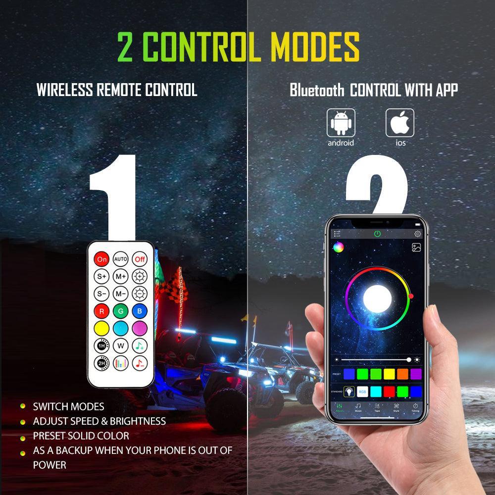 3FT/4FT LED RGB Whip Lights with Bluetooth/ Remote Controlled + Whip Light Mounting Brackets for UTV, ATV, Off-road Vehicle