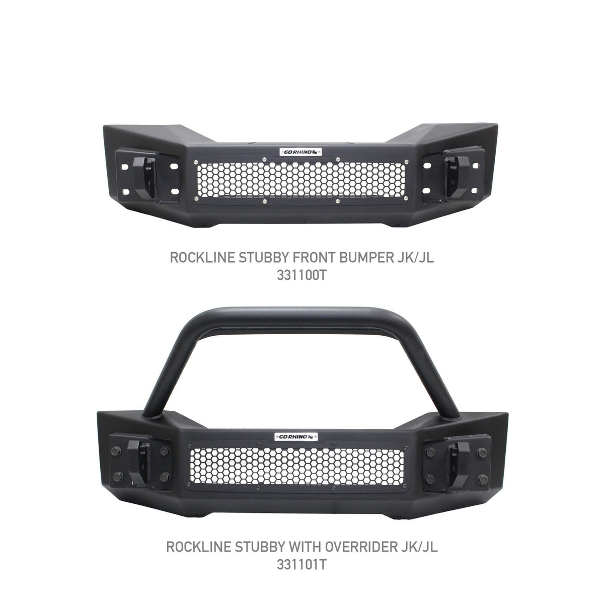 Rockline Front Stubby Bumper W/ Overrider Textured Black 2007-2025 Jeep Wrangler JK/JL 2020-2025 Jeep Gladiator Go Rhino