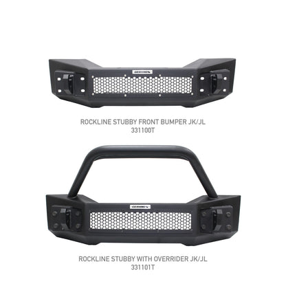 Rockline Front Stubby Bumper W/ Overrider Textured Black 2007-2025 Jeep Wrangler JK/JL 2020-2025 Jeep Gladiator Go Rhino