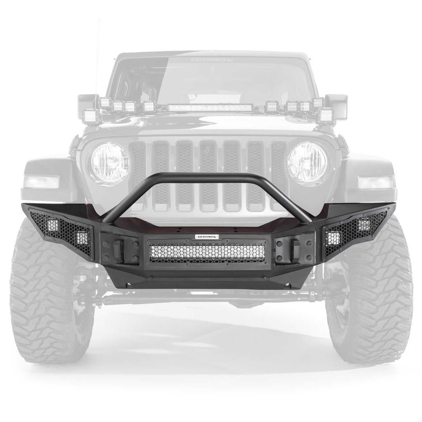 Rockline Front Full Width Bumper W/ Overrider Textured Black 2007-2024 Jeep Wrangler JK/JL 2020-2025 Jeep Gladiator Go Rhino