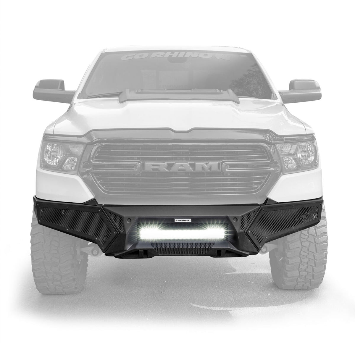 Element Front Bumper with Power Actuated Hide Away Light Bar Mount Textured Black 2019-2024 Ram 1500 Go Rhino