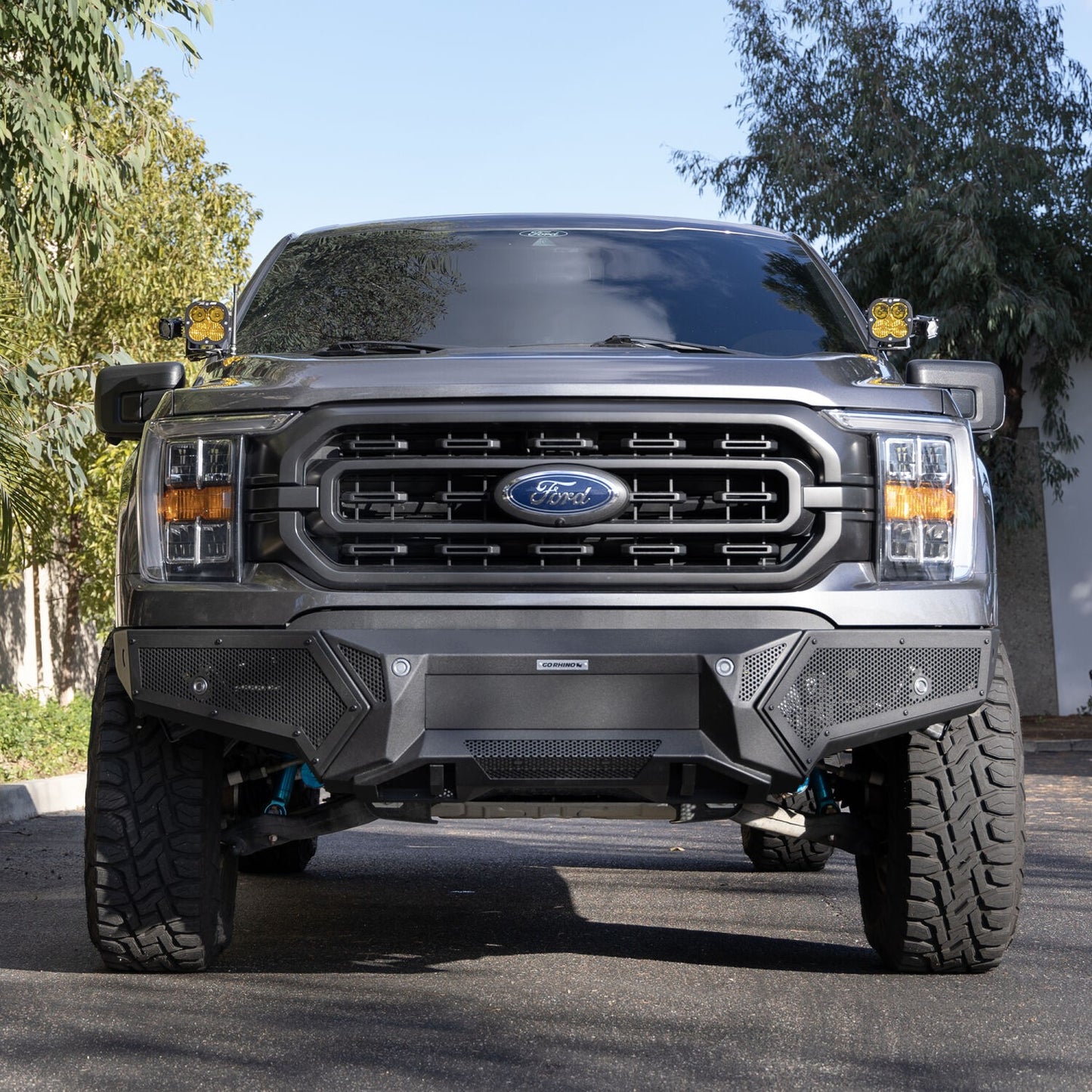 Element Front Bumper with Power Actuated Hide Away Light Bar Mount Textured Black 2021-2023 Ford F-150 Go Rhino