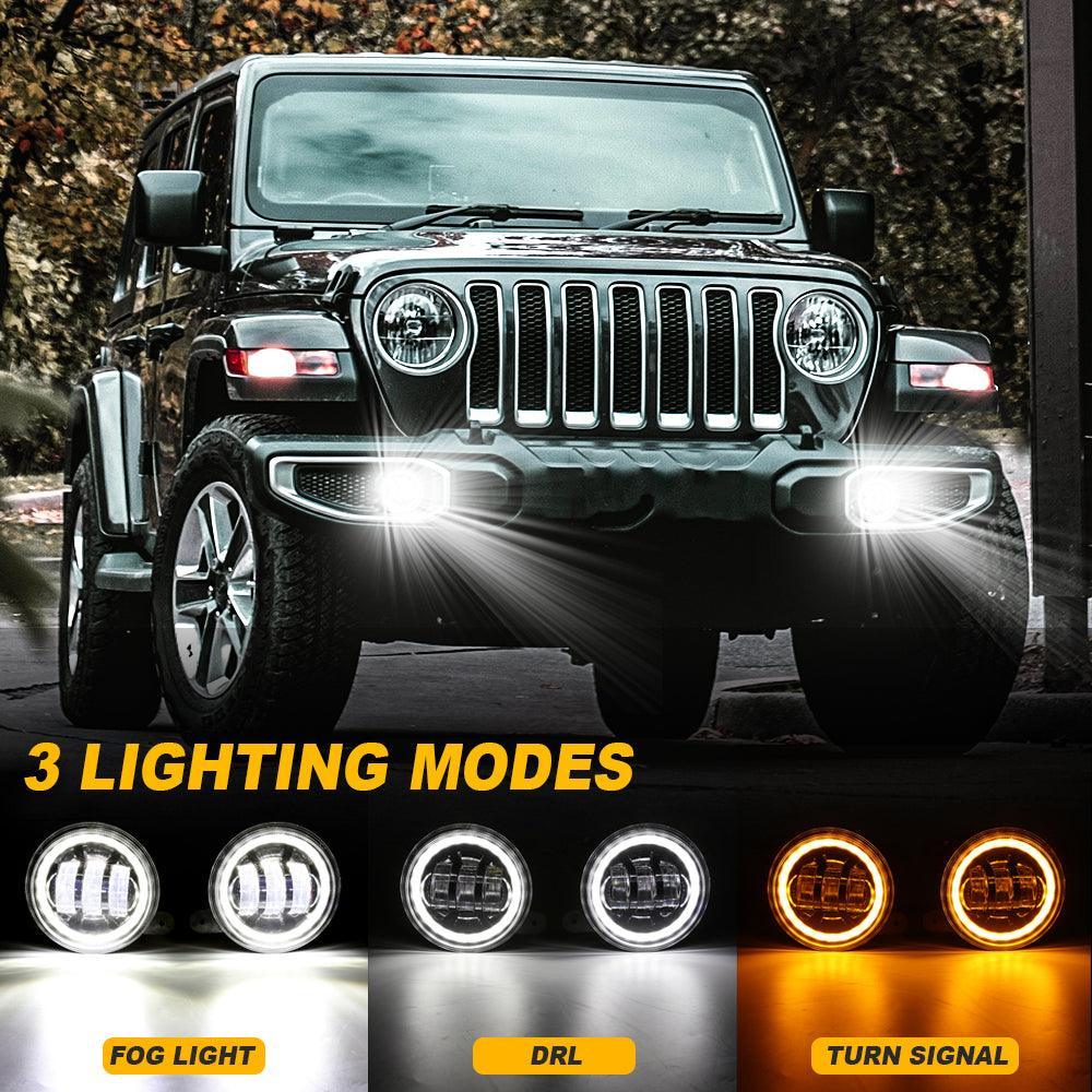(2pcs/set) 4 Inch LED Fog Lights with DRL & Amber Turn Signal For Jeep Wrangler JK 2007-2017 Front Bumper Lamp