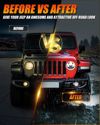 9'' LED Halo Headlights & 4'' 30W LED Fog Lights with White DRL+Amber Turn Signal For Jeep Wrangler JL 2018-2020