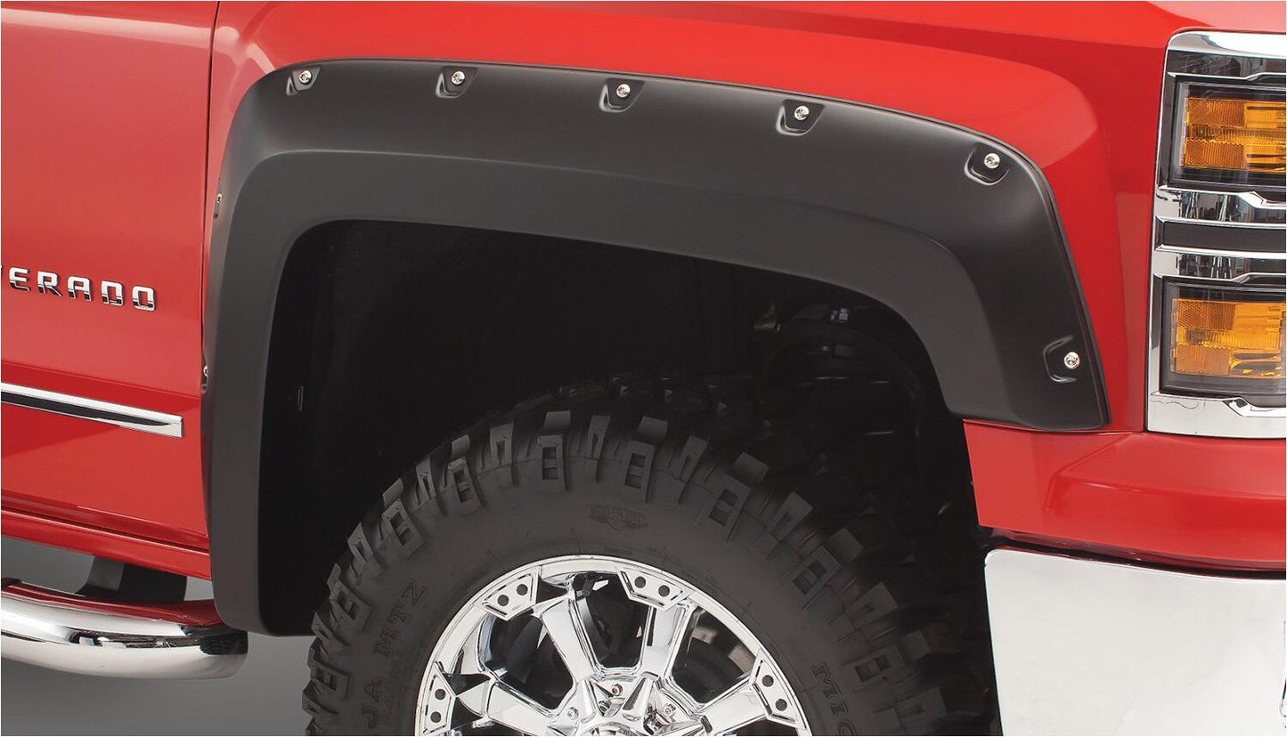 Black Pocket/Rivet Style Smooth Finish Front Fender Flares For 2019 Chevrolet Silverado 1500 Ld, 2014-2018 Silverado 1500, 2015-2019 Silverado 2500 Hd/3500 Hd (Excludes Dually) Fits 78.8/97.8 Inch Bed Bushwacker