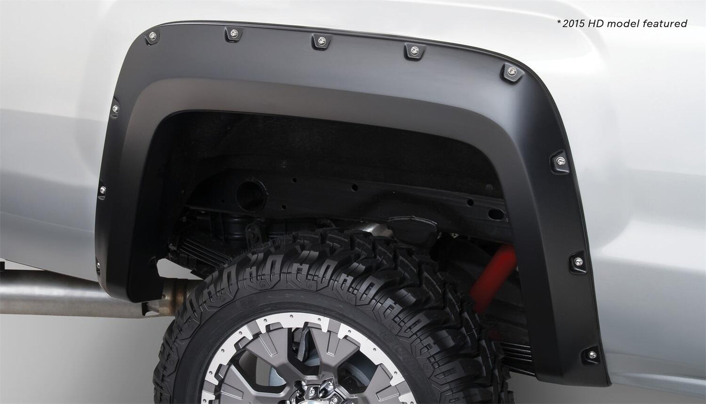 Black Pocket/Rivet Style Smooth Finish Rear Fender Flares For 2014-2018 Sierra 1500 (Incl Limited) 2015-2018 Sierra 2500 Hd/3500 Hd (Excludes Dually) Bushwacker