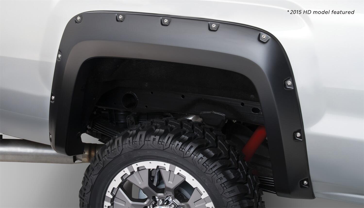 Black Pocket/Rivet Style Smooth Finish Rear Fender Flares For 2014-2018 Sierra 1500 (Incl Limited) 2015-2018 Sierra 2500 Hd/3500 Hd (Excludes Dually) Bushwacker