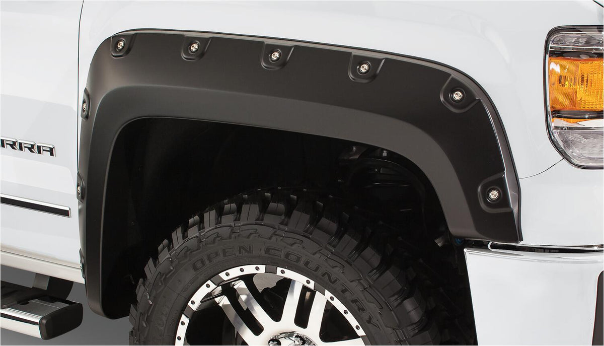 Black Boss Pocket/Rivet Style Smooth Finish 4-Piece Fender Flare Set For 2007-2013 GMC Sierra 1500 Fits 78.7/97.6 Inch Bed Bushwacker