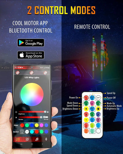 New 2.8FT LED RGB Whip Lights with Turn Signal & Brake Light, Bluetooth APP/ Remote Control
