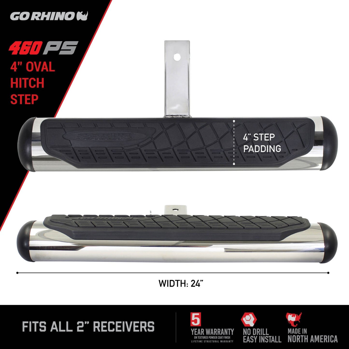 4 Inch Oval Hitch Step Polished Stainless Steel Go Rhino