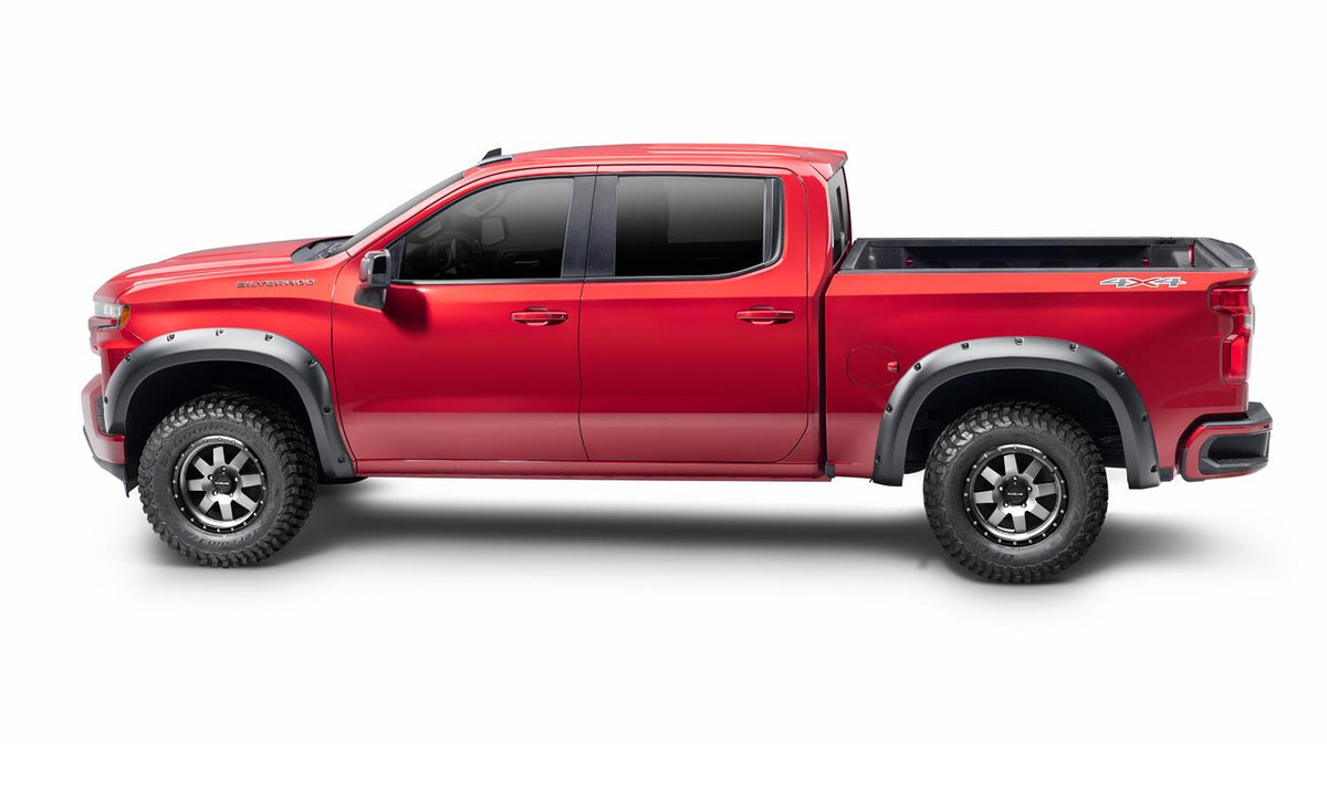 Black Forge Pocket/Rivet Textured Finish 4-Pc Fender Flare Set For 19-21 Chevrolet Silverado 1500, 2022 Chevrolet Silverado 1500 Ltd Bushwacker