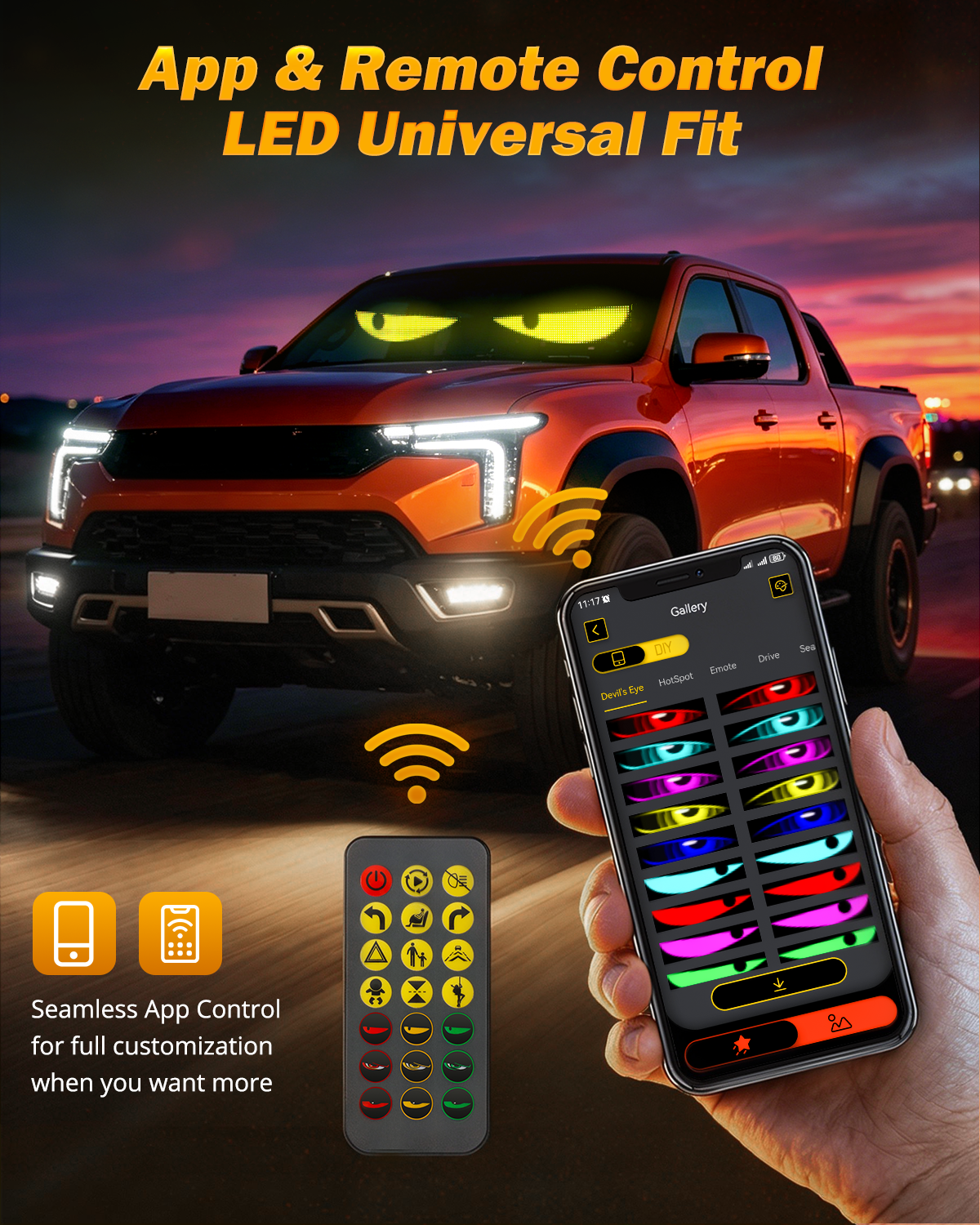 🆕Single Pack Devil's Eye Atmosphere Light Flexible Programmable USB APP Control Car LED Screen 23.42x4.72in for Windshield Decoration