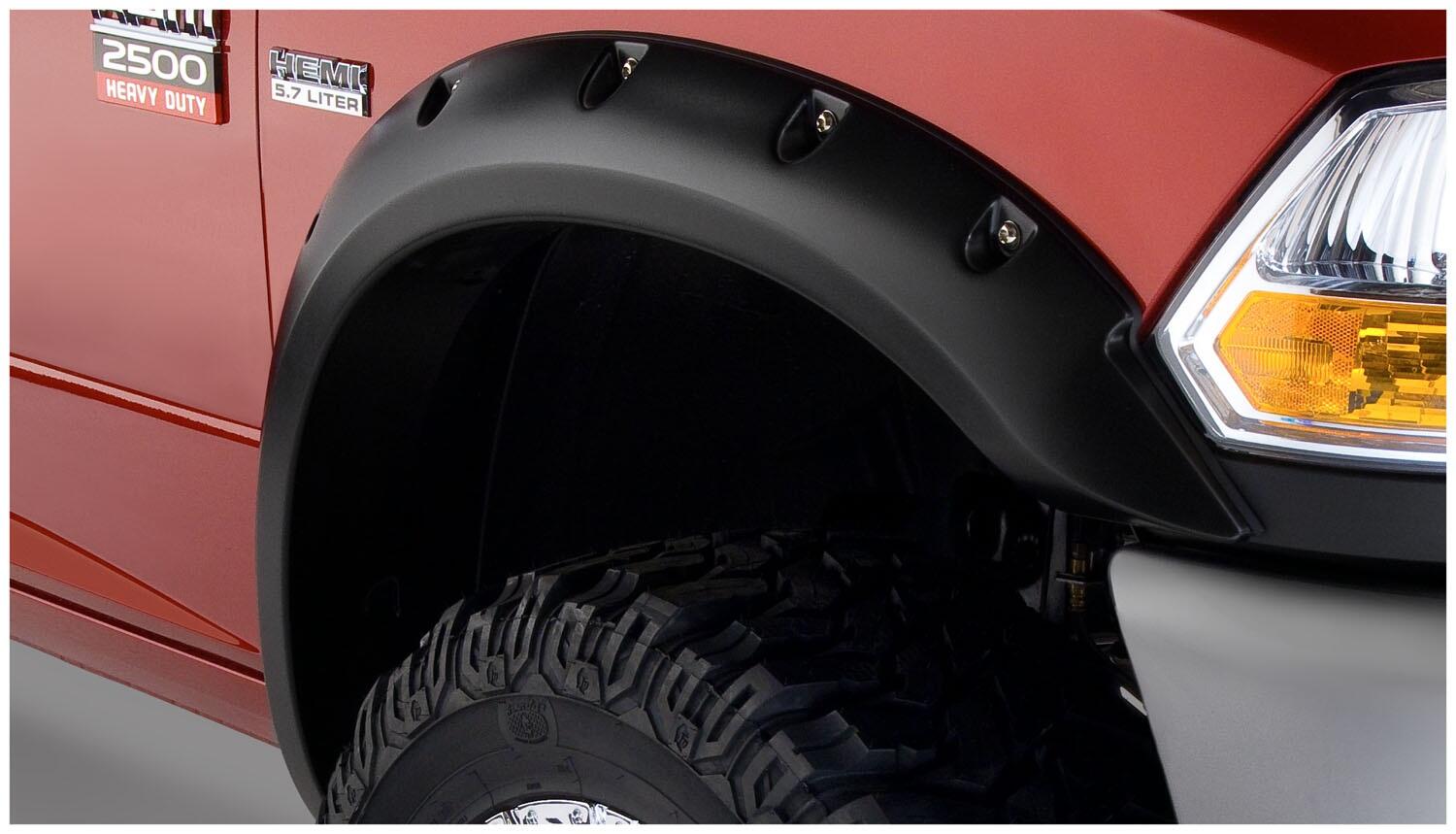 Black Pocket/Rivet Style Smooth Finish Front Fender Flares For 2010-2018 Dodge Ram 2500, 3500 (Excludes R/T) Bushwacker