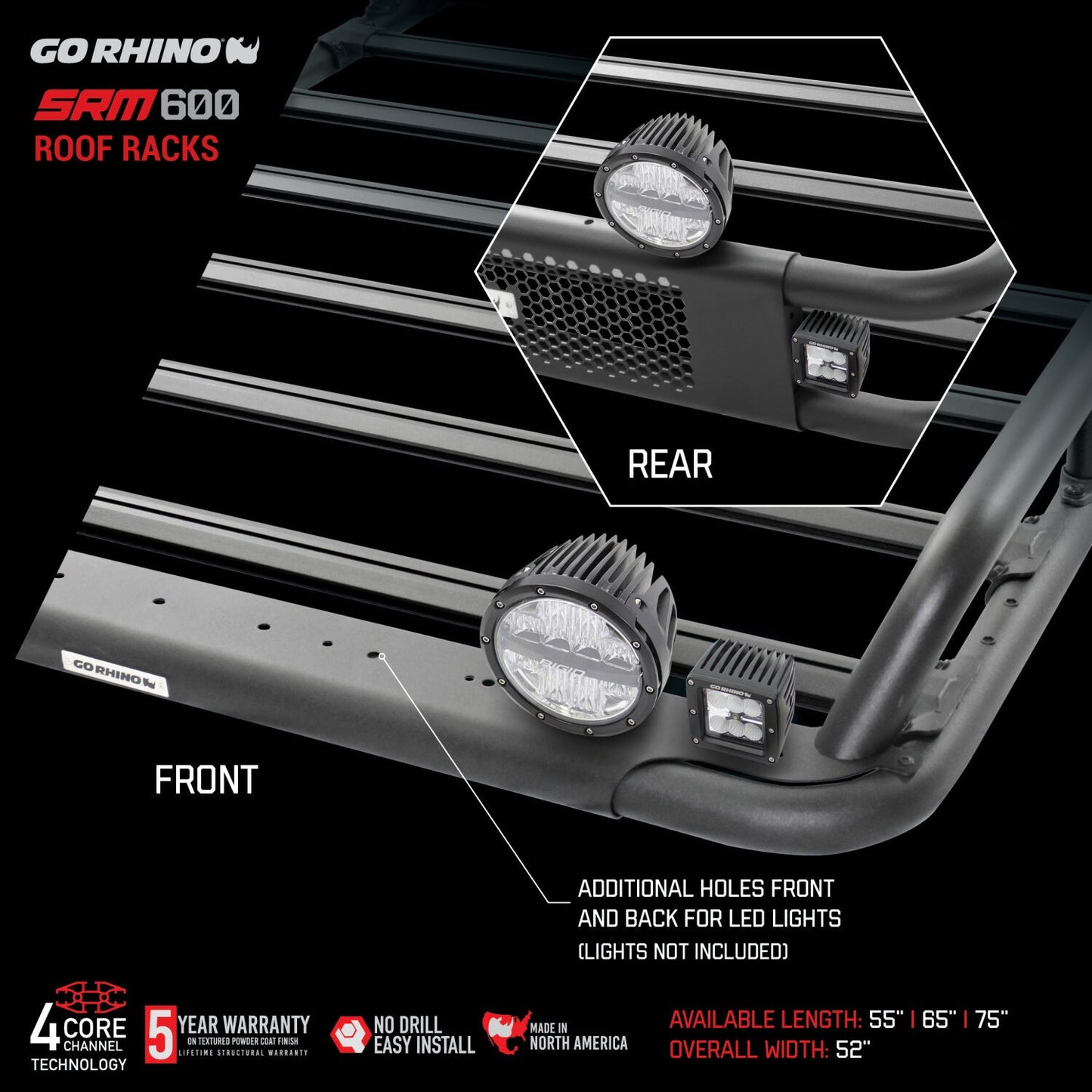 SRM600 55 Inch Tubular Basket Style Roof Rack Textured Black Go Rhino