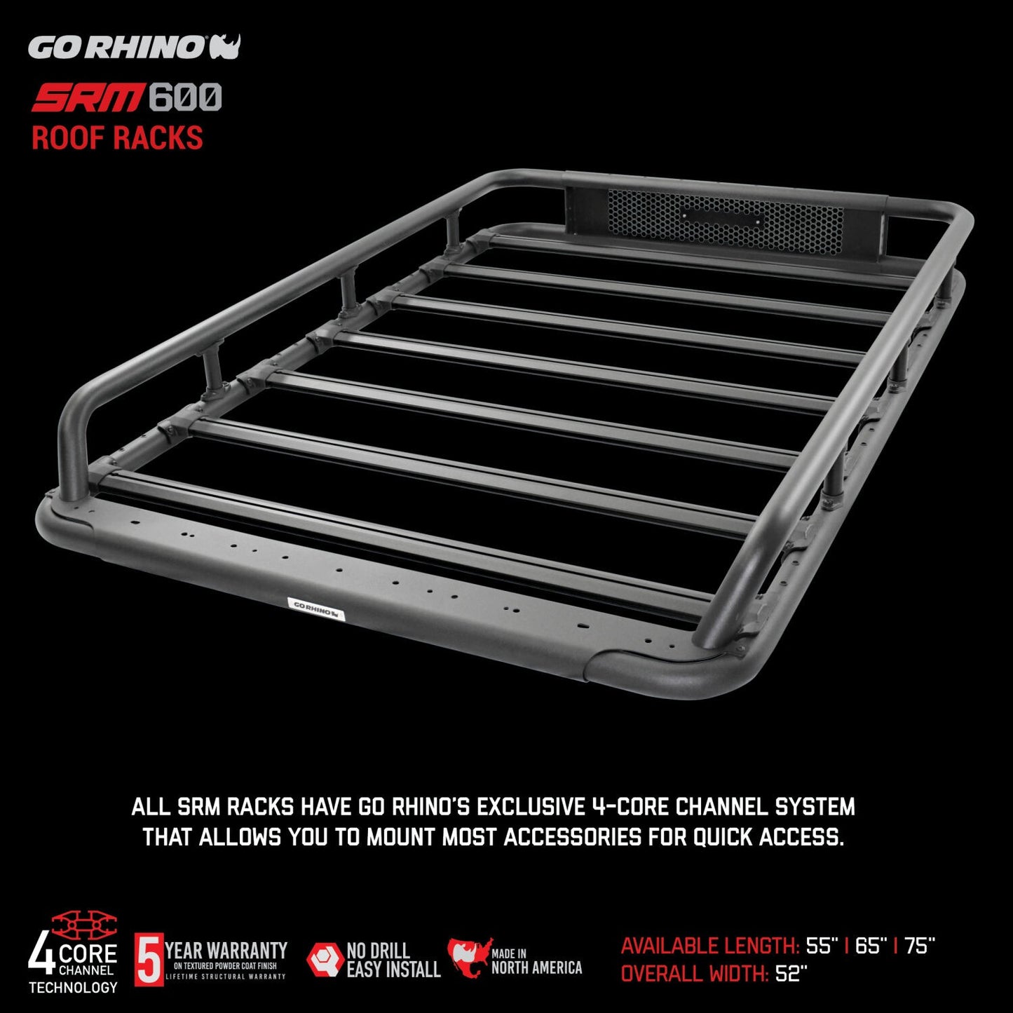 SRM600 55 Inch Tubular Basket Style Roof Rack Textured Black Go Rhino