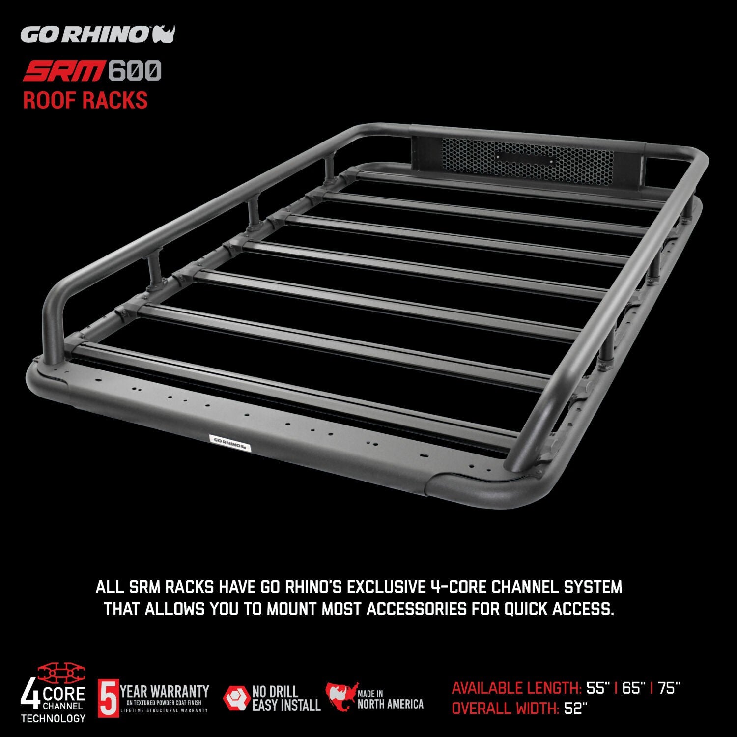 SRM600 55 Inch Tubular Basket Style Roof Rack Textured Black Go Rhino