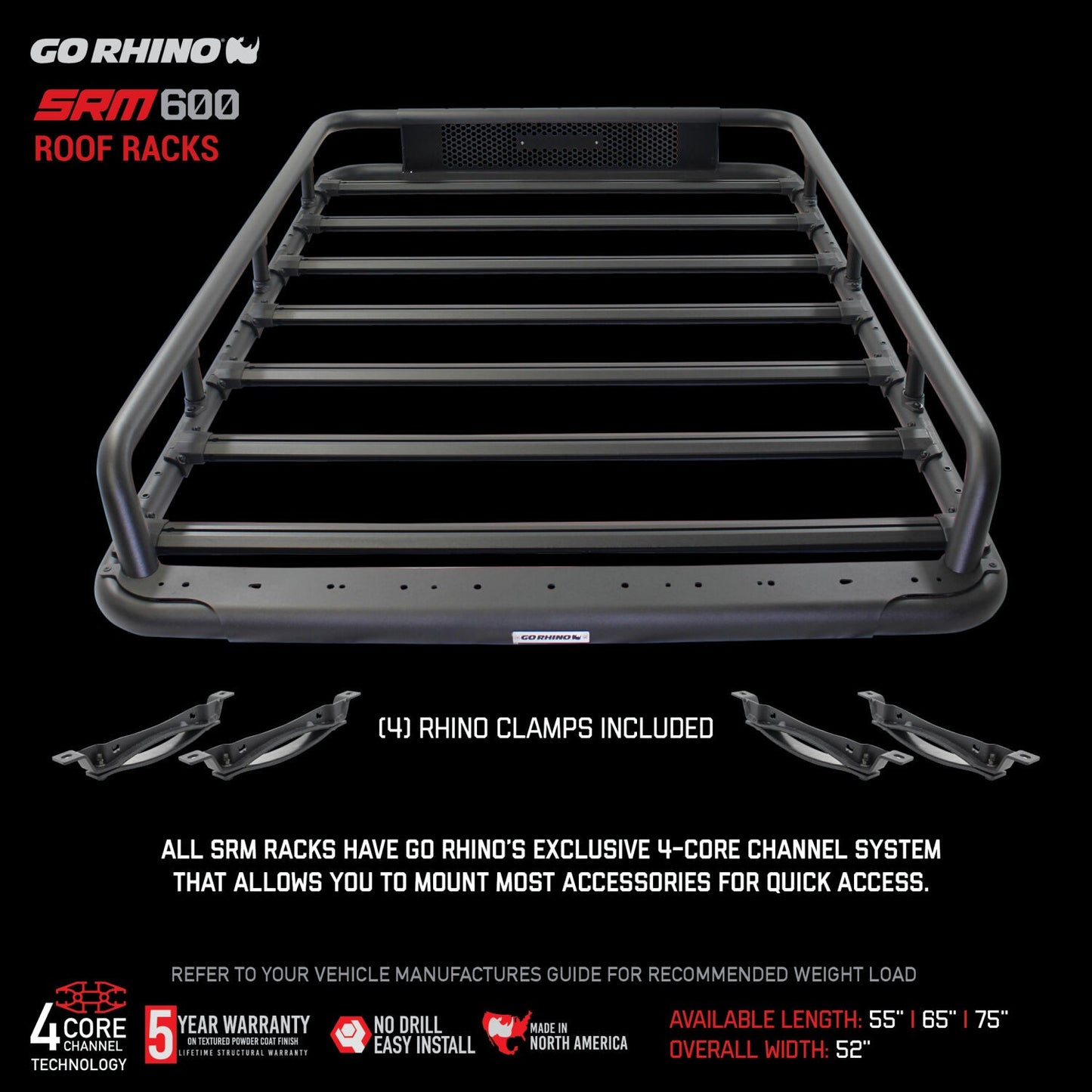 SRM600 55 Inch Tubular Basket Style Roof Rack Textured Black Go Rhino