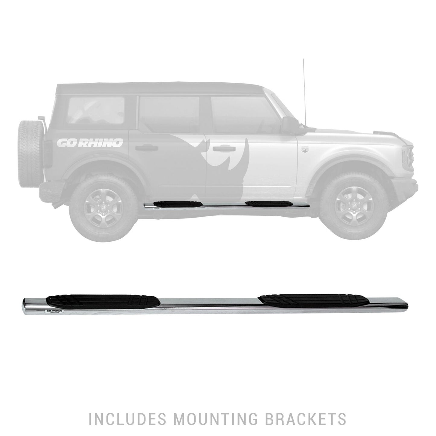 4 Inch OE Xtreme SideSteps With Mounting Bracket Kit Polished Stainless Steel 2021-2025 Ford Bronco 4 Door Go Rhino