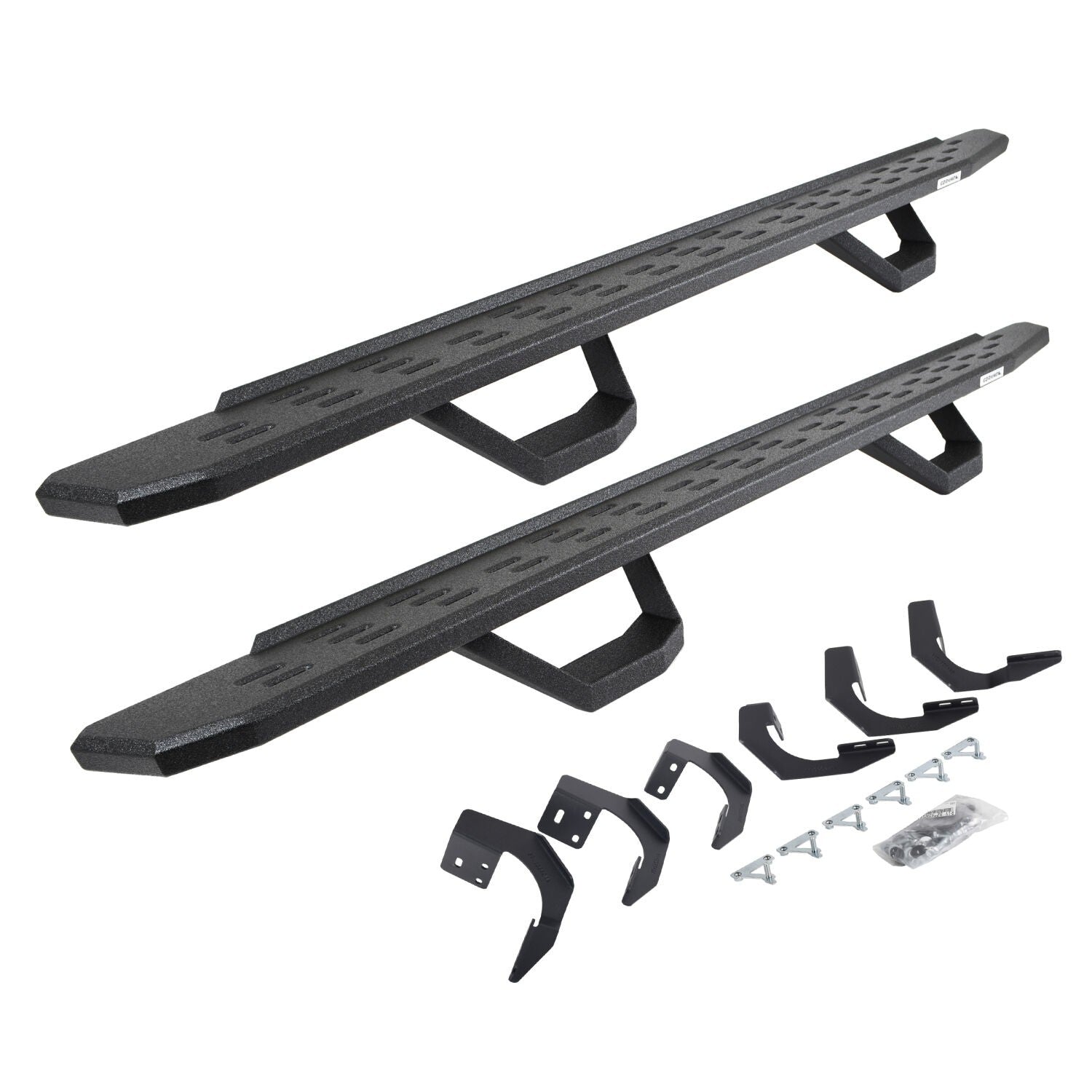 RB30 Running Boards with Mounting Brackets & 2 Pairs of Drops Steps Kit Protective Bedliner Coating 2015-2018 Ram 1500 Go Rhino