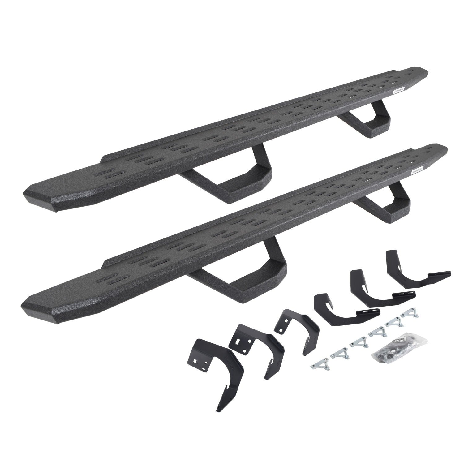 RB30 Running Boards with Mounting Brackets & 2 Pairs of Drops Steps Kit Protective Bedliner Coating 2015-2018 Ram 1500 Extended Cab Go Rhino
