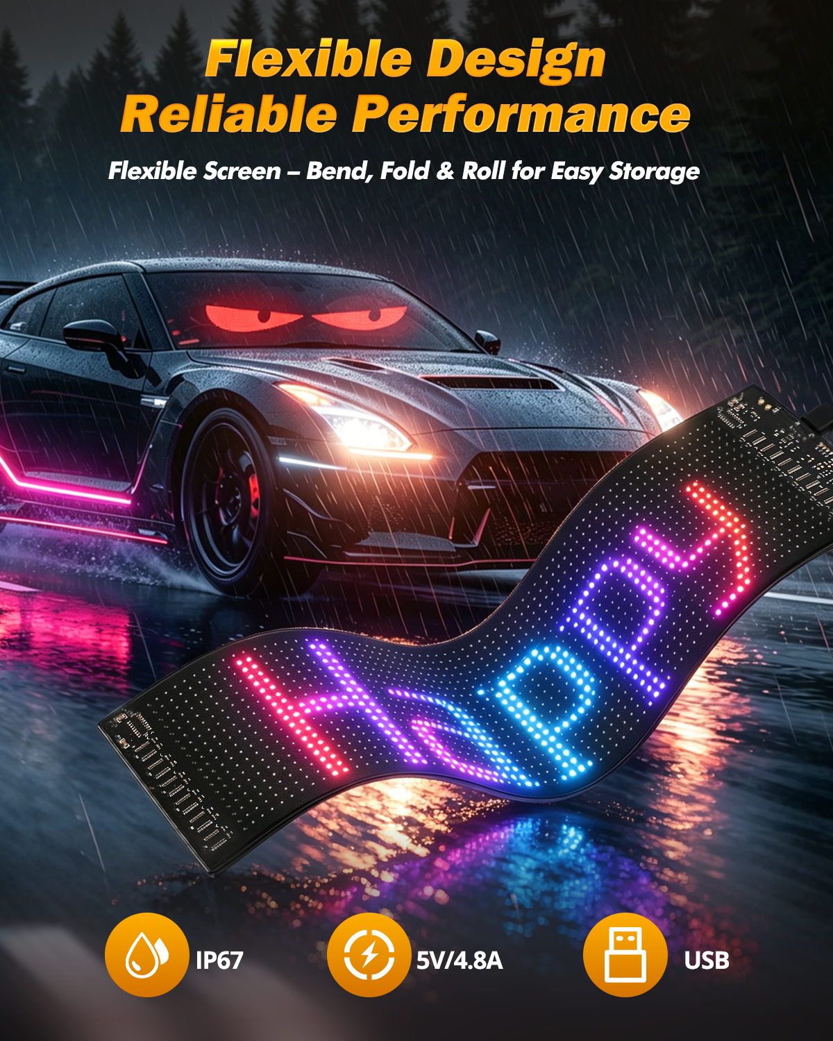🆕 Two-Pack LED Flexible Programmable Car Screen Light USB APP Control Devil's Eye Atmosphere 14.72x3.62in for Windshield Decoration