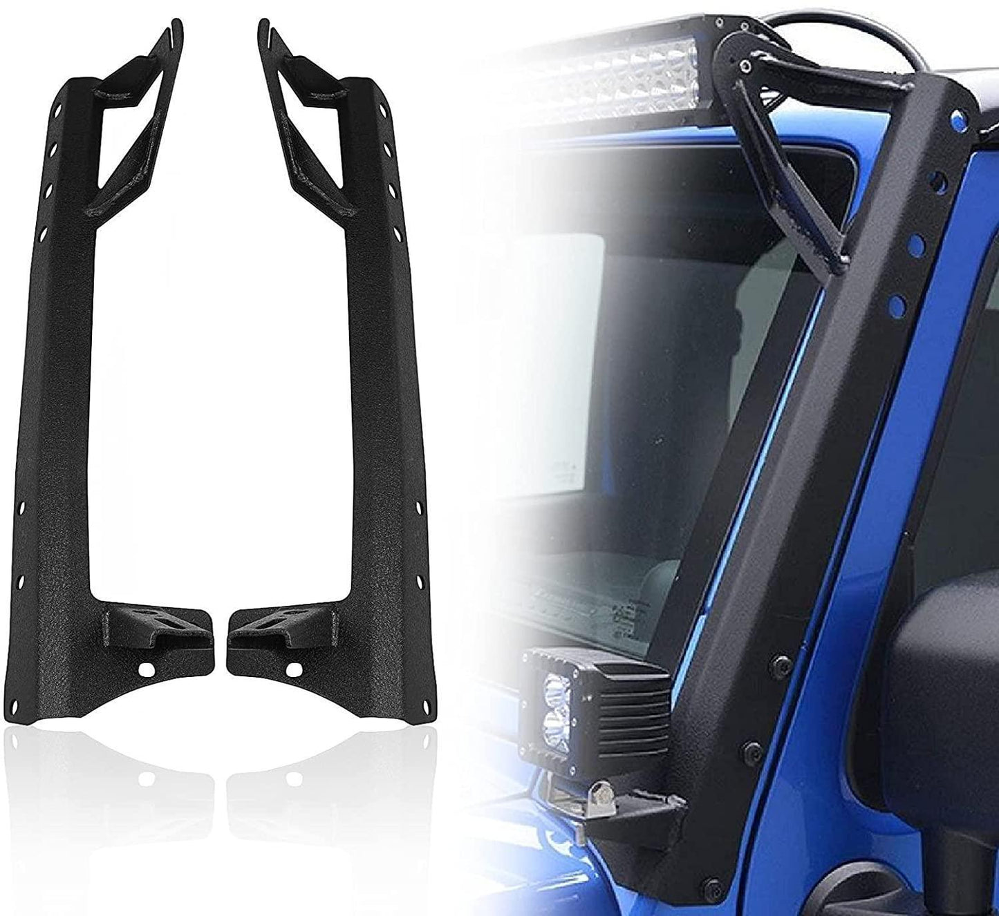 07-17 Jeep JK - Mega Bundle, 7" LED Halo Headlights,52" 300W Straight LED Light Bar&Windshield Mounting Brackets, 18W Pods light