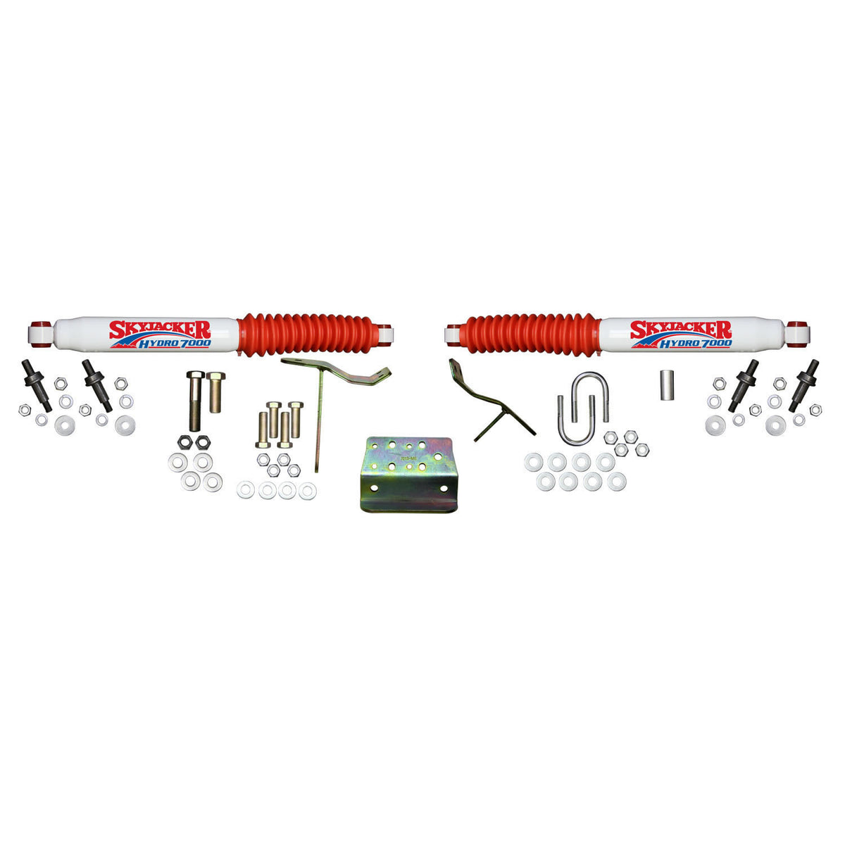 Steering Stabilizer Dual Kit Incl. Pr. Hydro 7000 Steering Stabilizers w/Red Boots Mounting Brackets Mounting Hardware Skyjacker