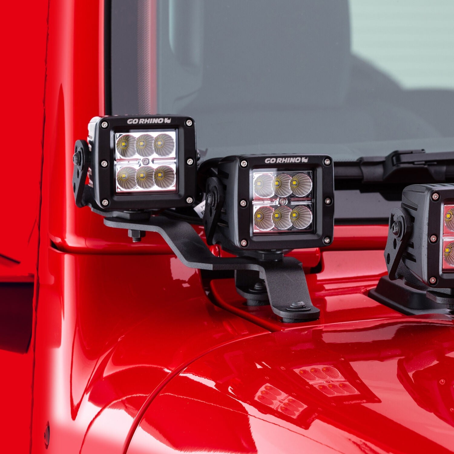 XE Windshield Cowl Light Mount Two 3 Inch X 3 Inch Industry Standard Cube LED's Textured Black 2018-2026 Jeep Wrangler JL 2020-2025 Jeep Gladiator Go Rhino
