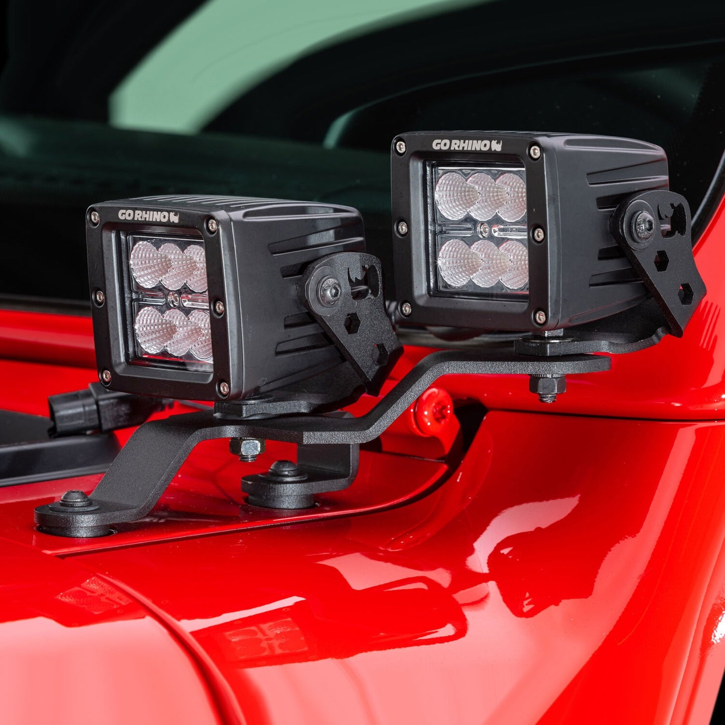 XE Windshield Cowl Light Mount Two 3 Inch X 3 Inch Industry Standard Cube LED's Textured Black 2018-2026 Jeep Wrangler JL 2020-2025 Jeep Gladiator Go Rhino