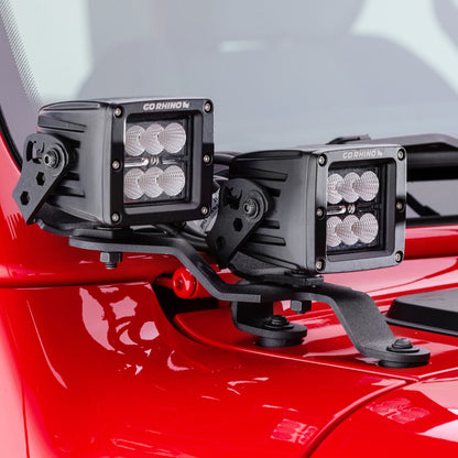 XE Windshield Cowl Light Mount Two 3 Inch X 3 Inch Industry Standard Cube LED's Textured Black 2018-2026 Jeep Wrangler JL 2020-2025 Jeep Gladiator Go Rhino