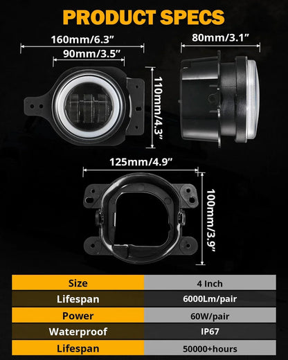 Upgraded 4 Inch LED Fog Lights with RGB Halo Ring & Turn Signal Light, Bluetooth Control for Jeep Wrangler JK/JL 2018-2024