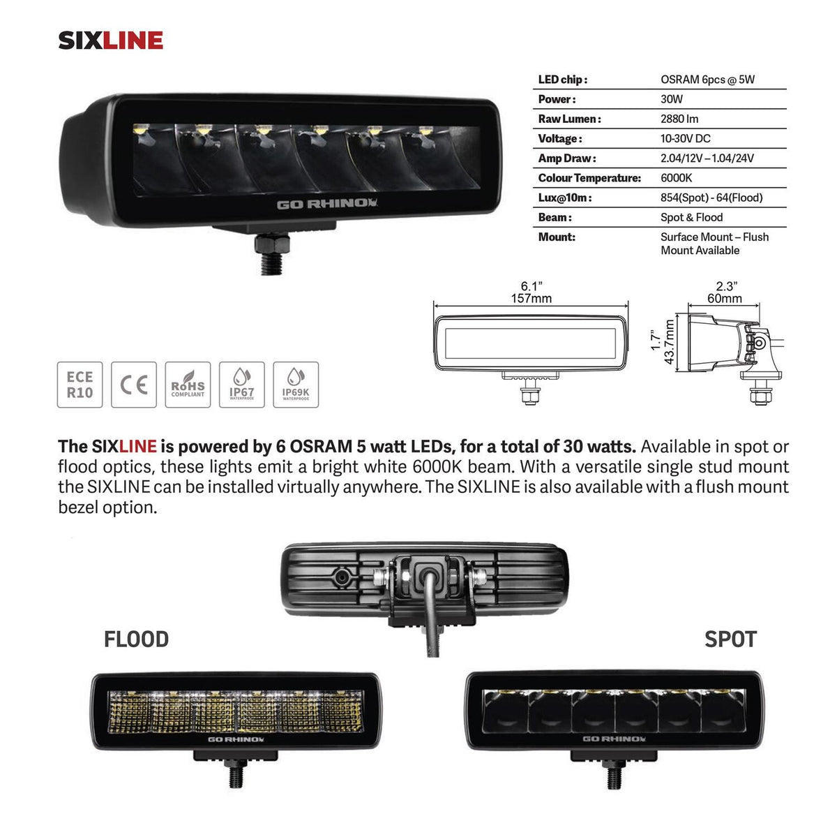 Go Rhino Blackout Series Lights Pair of Sixline LED Flood Light Kit Flush Mount Black Go Rhino