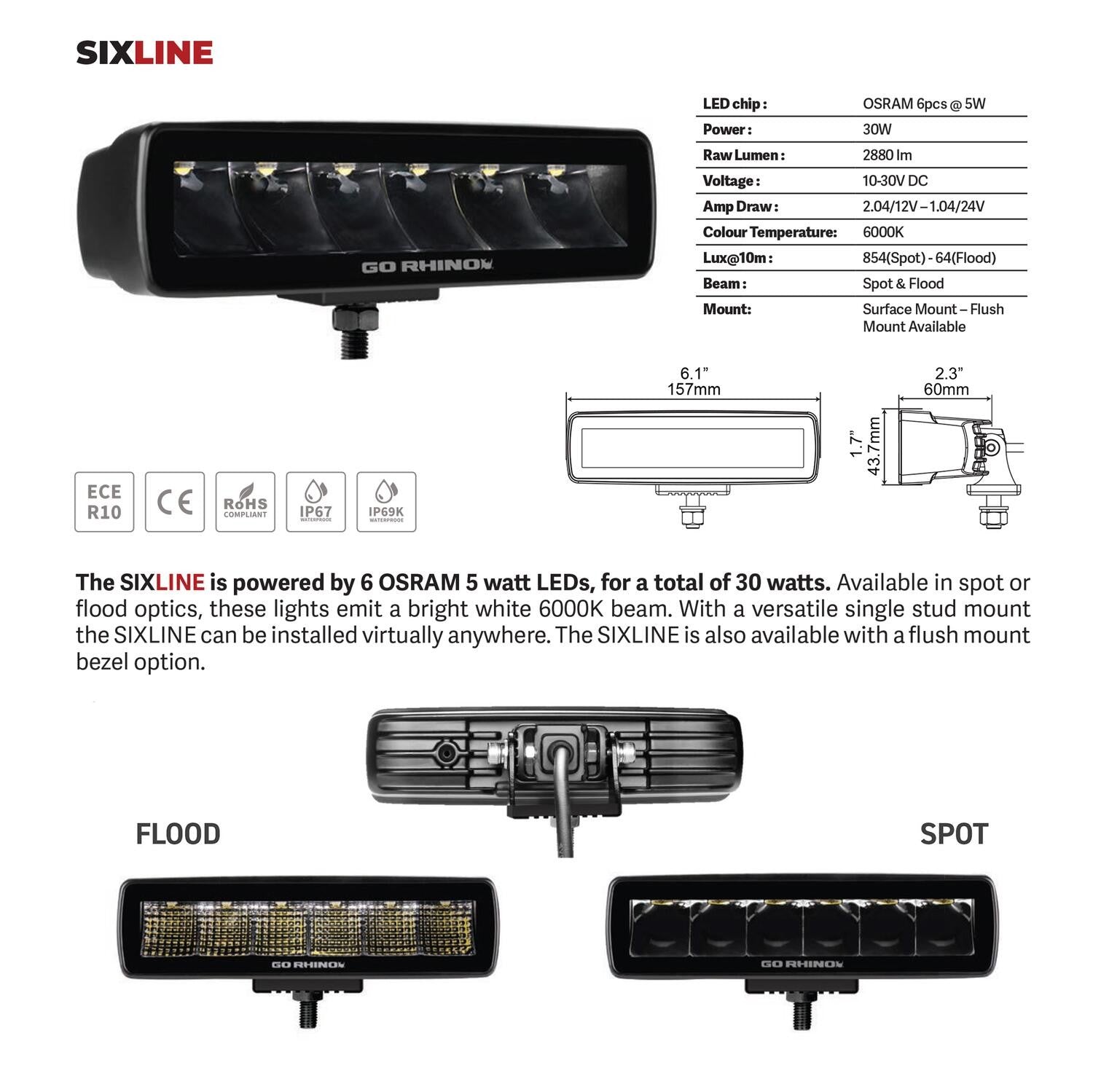 Go Rhino Blackout Series Lights Pair of Sixline LED Flood Light Kit Black Go Rhino